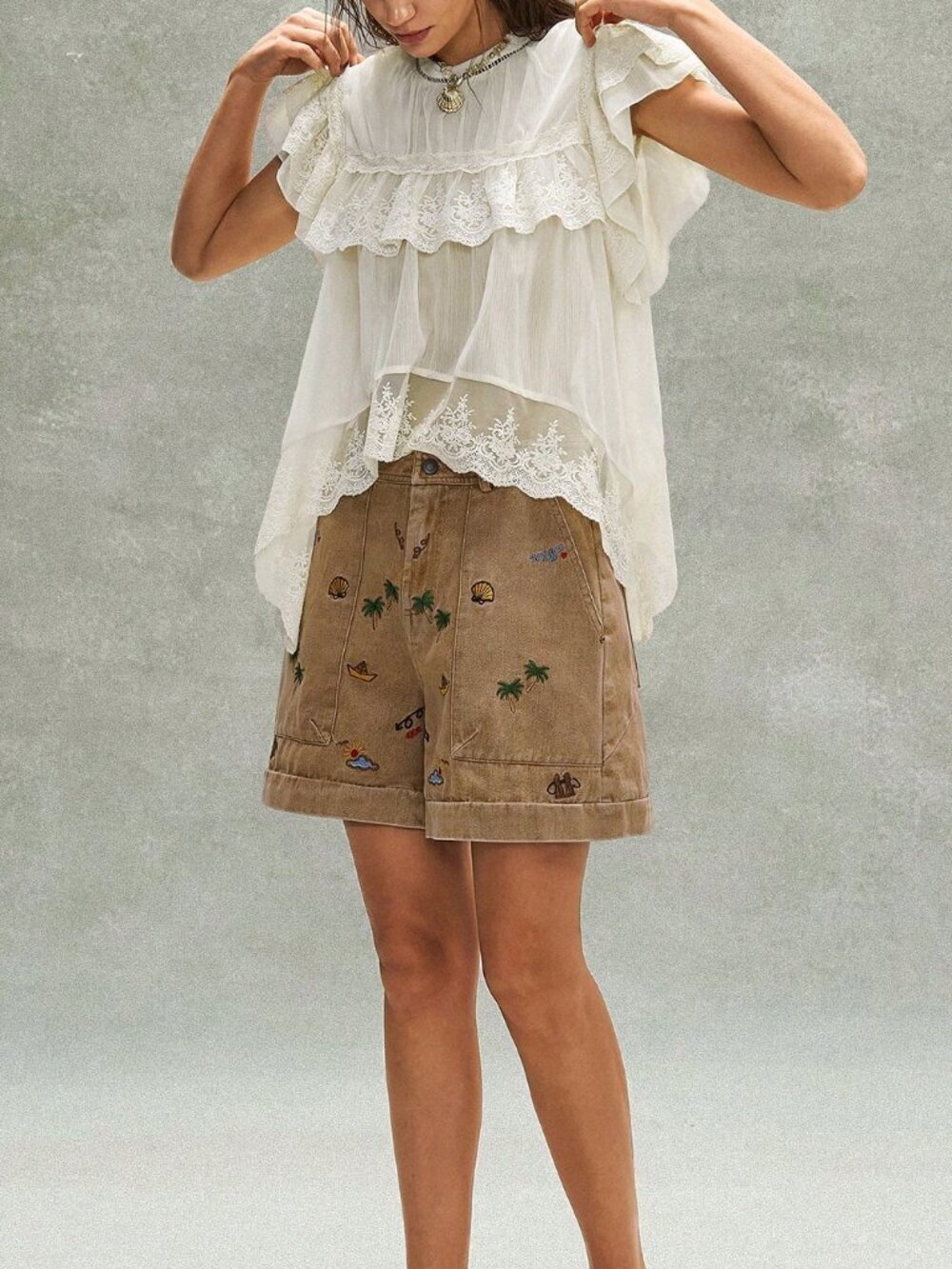Apricot Boho Women's Embroidered Ruffled Lace Patchwork Blouse - Picture 7 of 9
